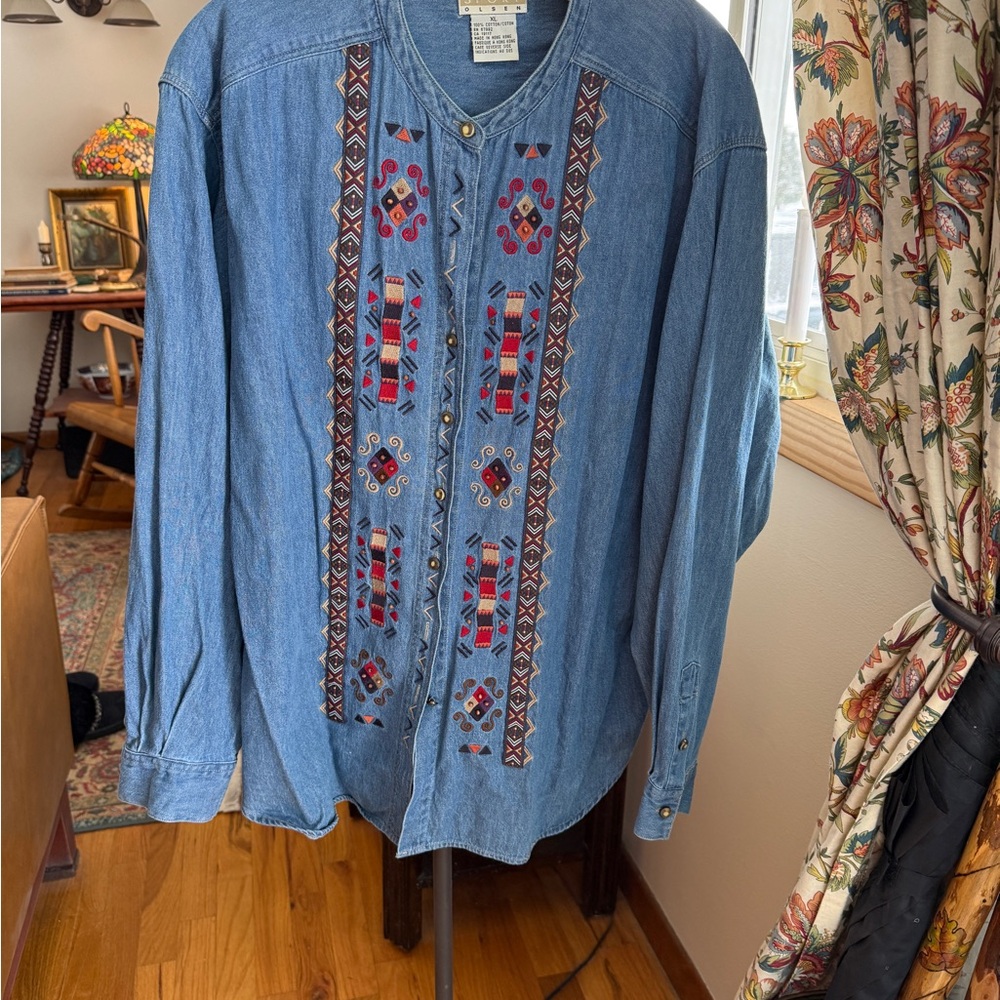 Sigrid Olsen Denim Button Down Embroidered Blouse Size XL - Picture 6 of 12